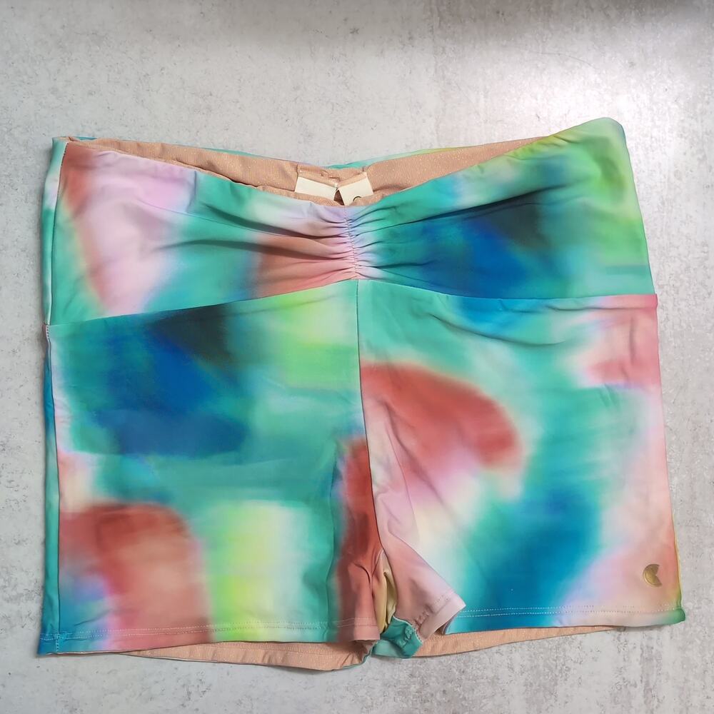 NWT Citrus Tie Dye Blue Pink Yellow Peach Ruched Waistband Swim Boy Shorts Large